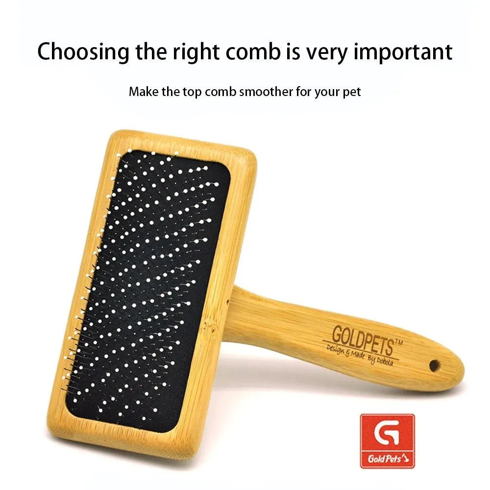 Goldpets bamboo and wood slicker brush for grooming cats and dogs with long prongs.