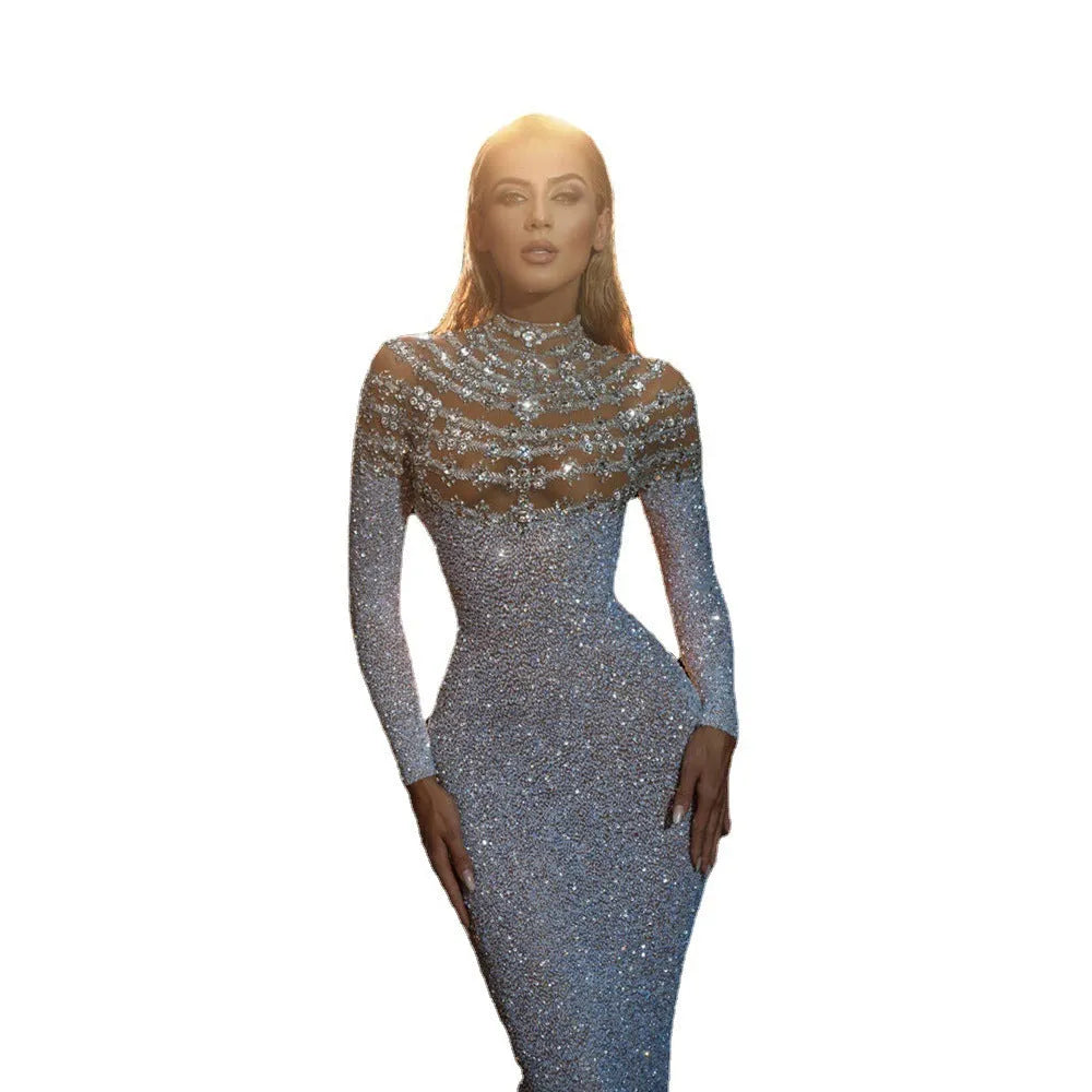 Women's long sleeve high waist sequin dress in silver solid colour polyester full-length silhouette