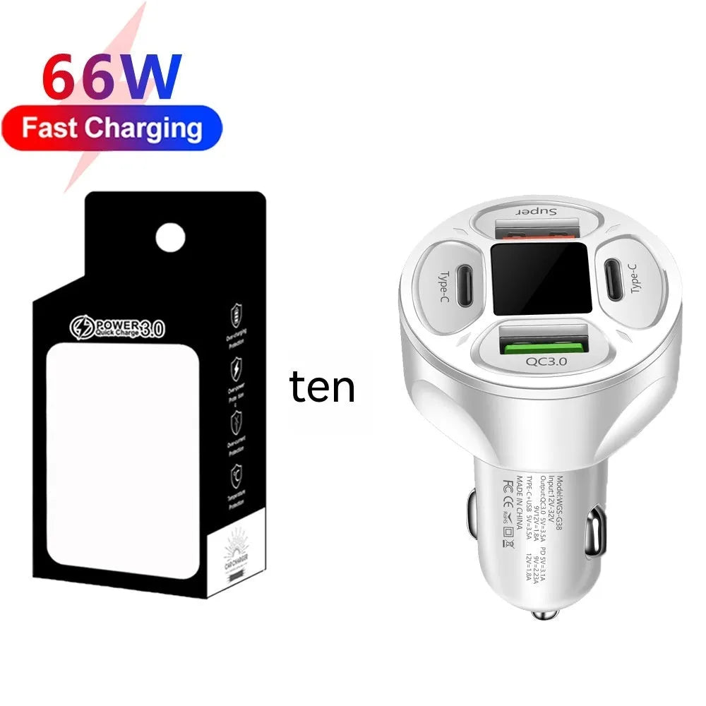 66W black car charger with digital display, two USB ports and two Type-C ports