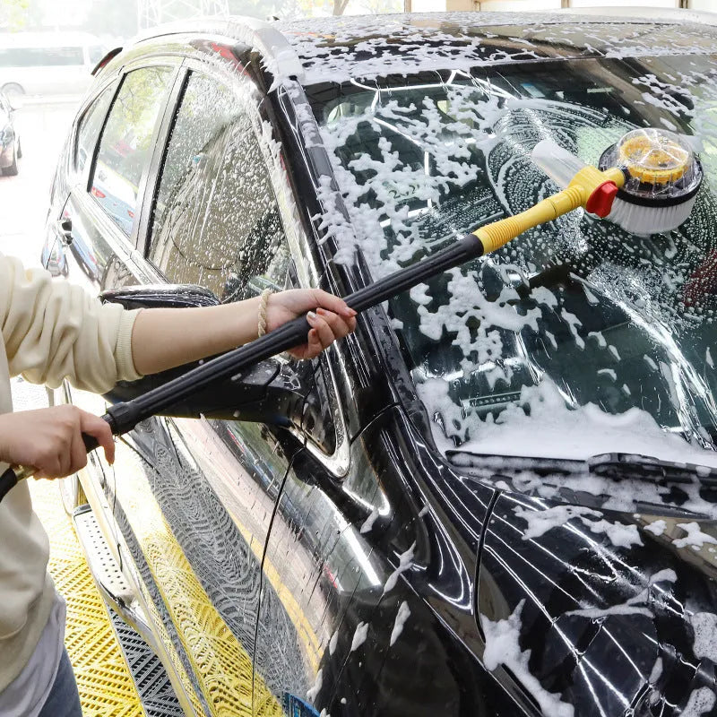 Yellow car wash mop cleaning tool with chenille brush head and water pipe connection