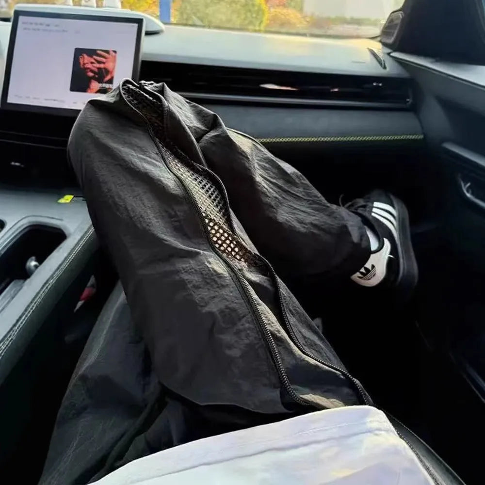 Men's side zip outdoor technical trousers black light gray polyester straight-leg summer