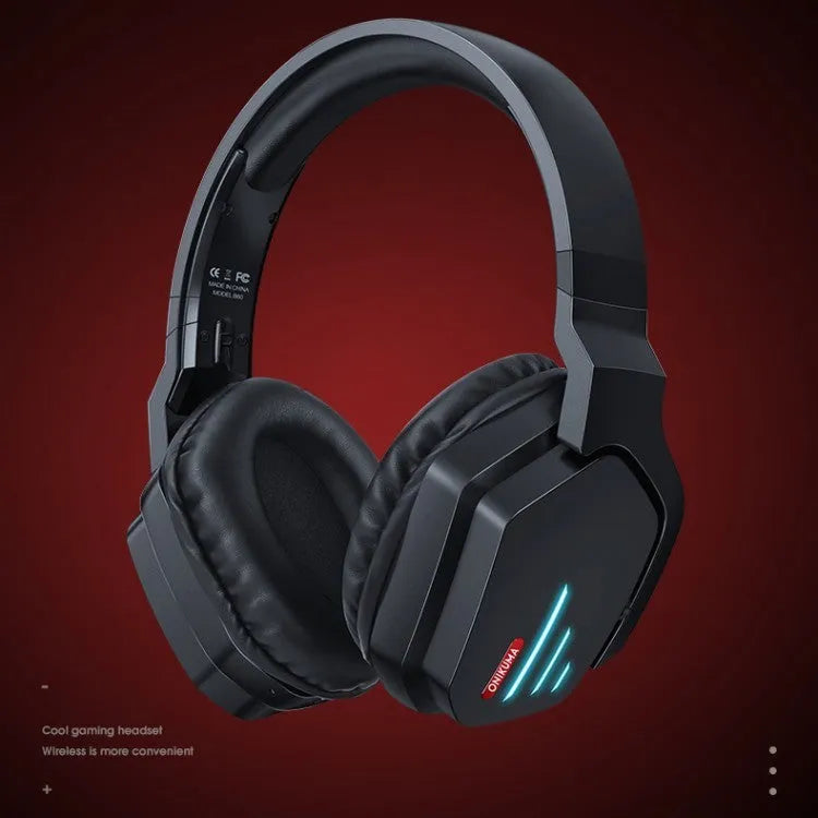 Luminous black wireless gaming headphones with LED lighting showing head-mounted design