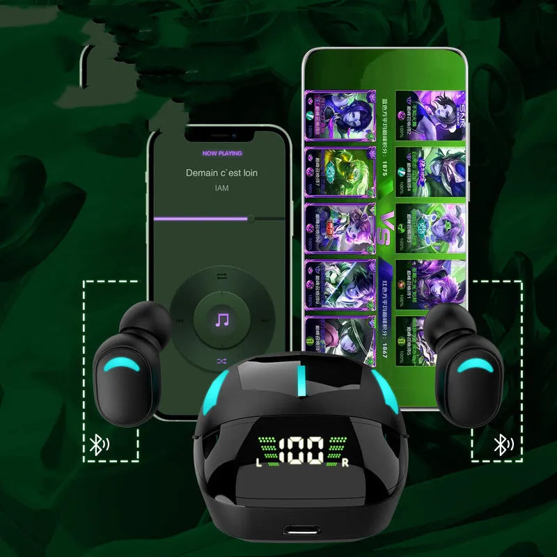 Gaming Bluetooth headset low latency wireless earplug earbuds in black G6S or G7S model with 15m range bilateral stereo