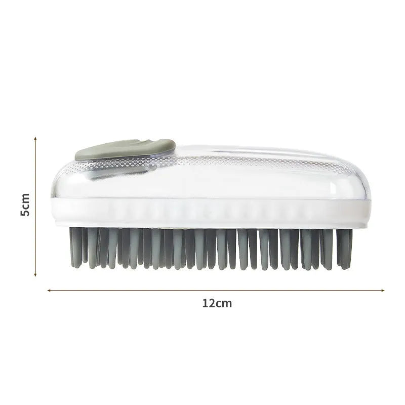 Grey silicone bath brush for pets with soft-tipped bristles and ergonomic handle