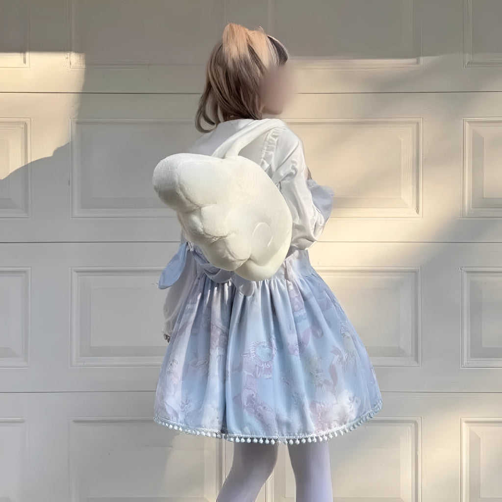 Ladies fashion white velvet backpack with angel plush wings style and embroidery sandwich pocket