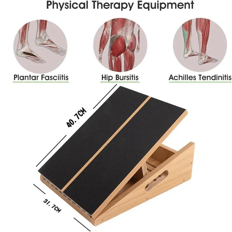 Wooden adjustable angle stretch board in wood colour on a gym floor