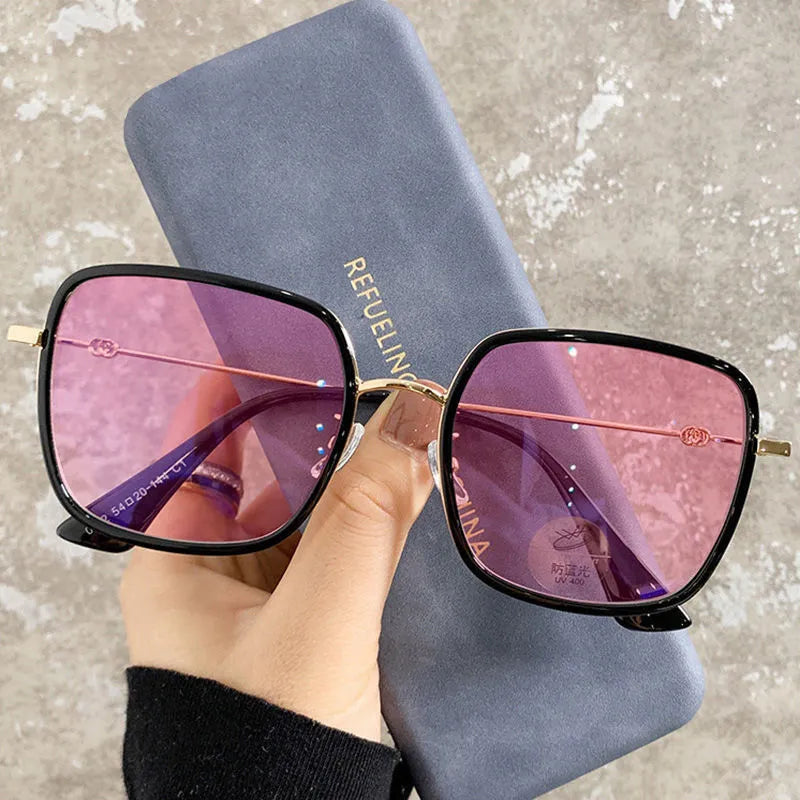 Photochromic myopia glasses with large frame, anti-blue light lens, and Black Gold frame colour options