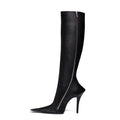 Black women's knee-high stiletto boots with pointed toe, side zipper, artificial PU upper, and rubber sole