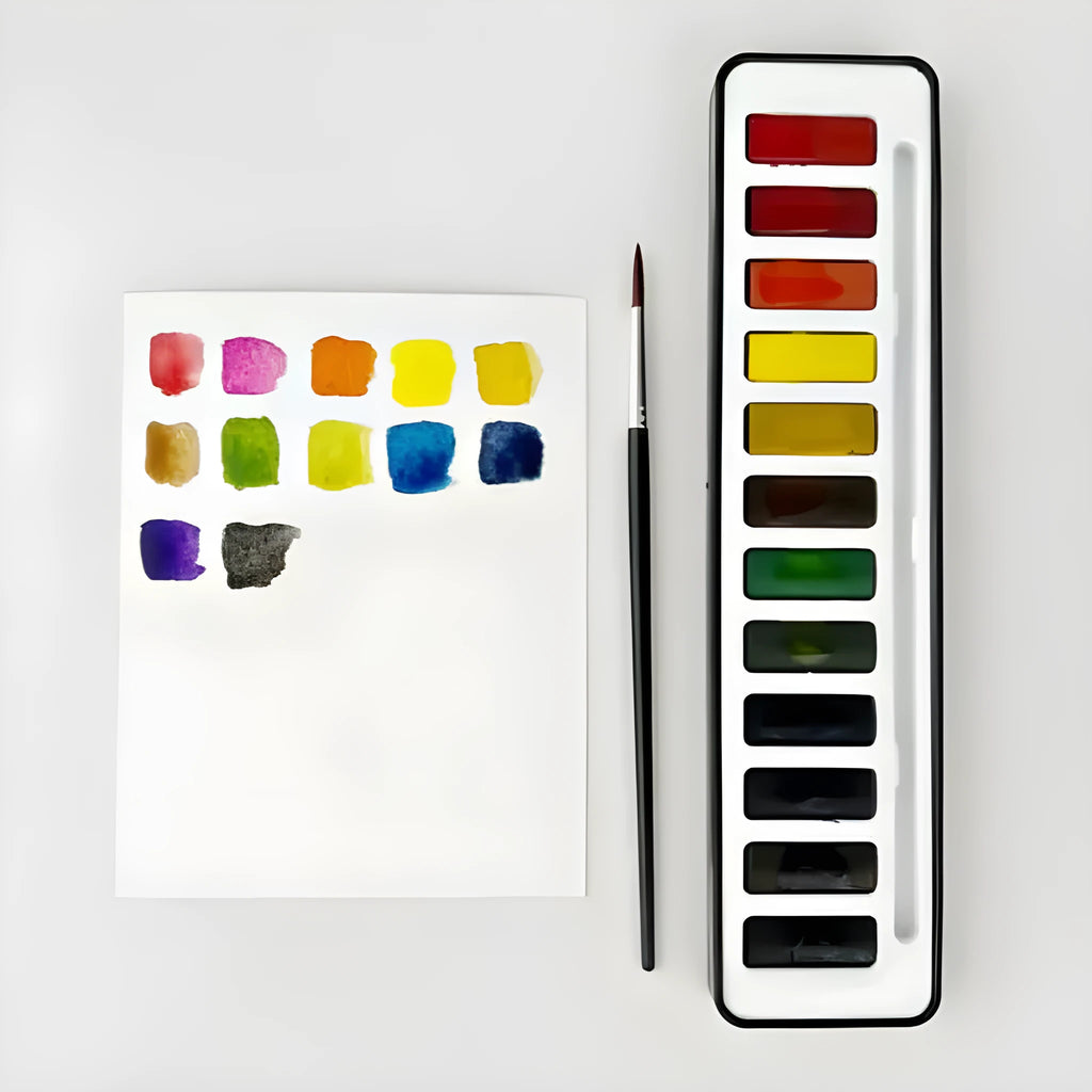 Portable paint box with twelve natural pigment colours arranged in a fashionable palette