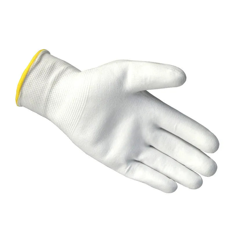White PU coated work gloves showing palm coating and knit back construction