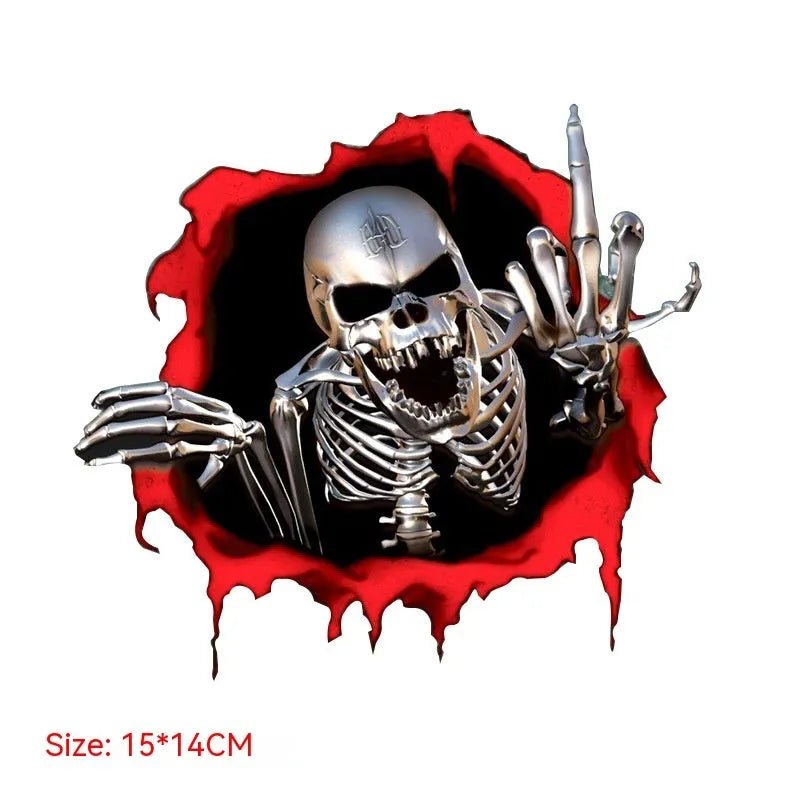 Reflective metal skull bumper sticker with colourful broken shell pattern measuring 15cm by 14cm