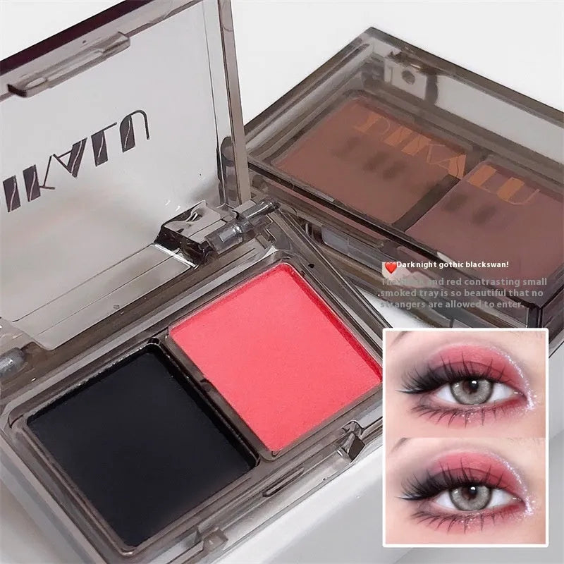 Cool two-tone eyeshadow plate compact showing pink and black colour combination with matte and shimmer finishes