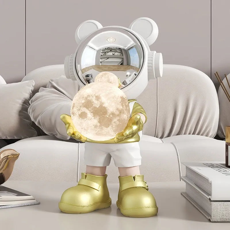 Resin desktop space bear moon night light decoration in gold with silver astronaut mask