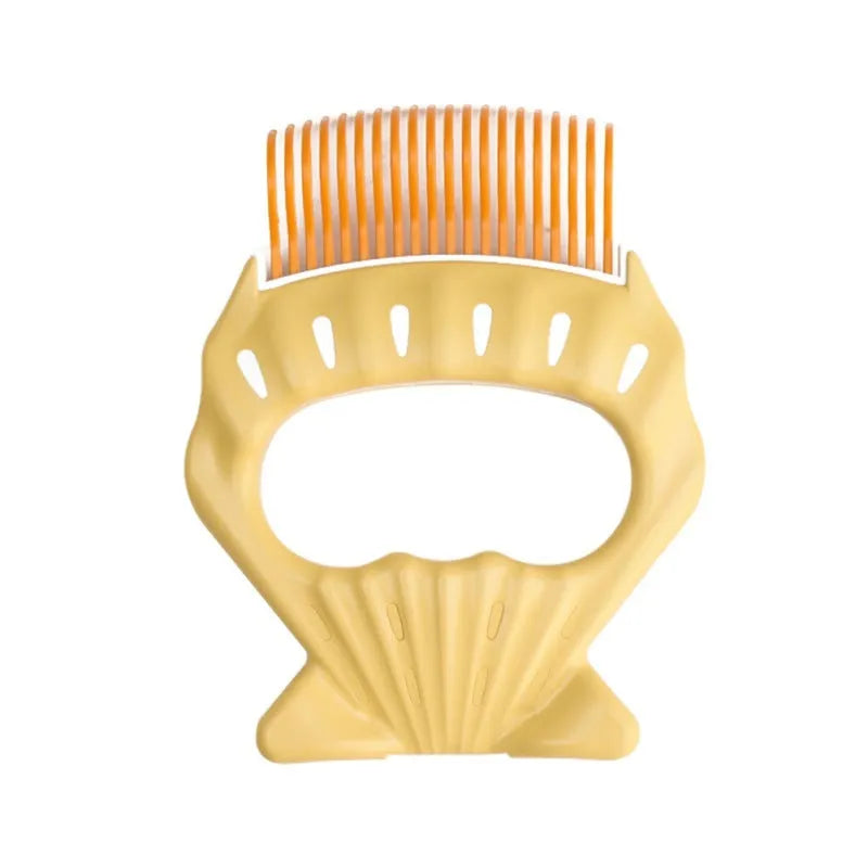Shell-shaped plastic pet grooming brush with curved wire bristles and anti-slip handle