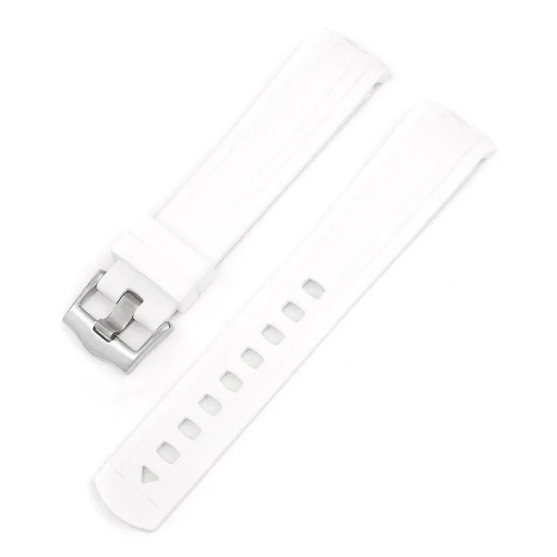 Apple Watch strap with silver buckle in 12 colour options including army green, sapphire blue, and dark red.