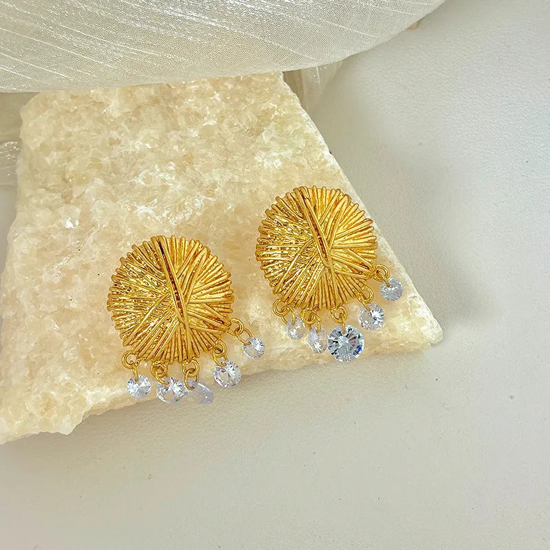 Gold geometric earrings with round elements for women, electroplated metal construction