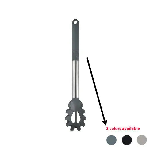 Silicone kitchen utensil set with twelve tools in a rotating white storage caddy on a counter.