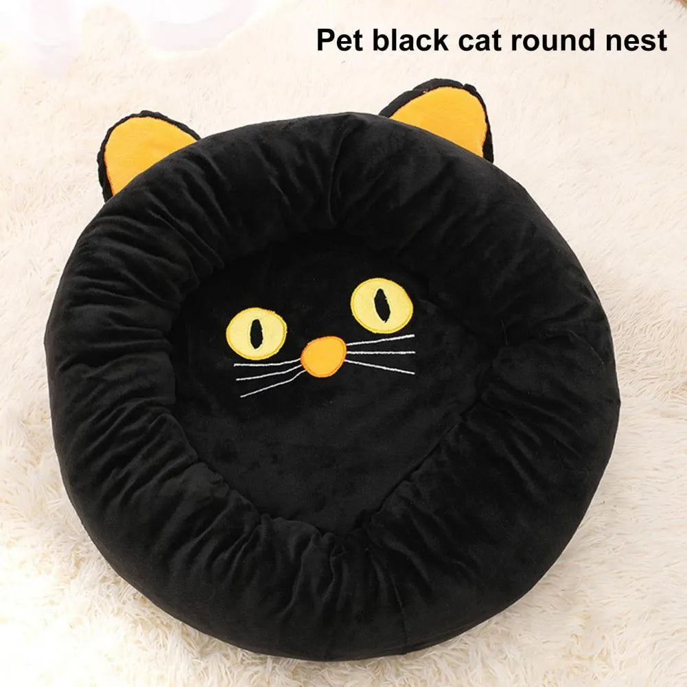 Black cat-shaped velvet pet nest bed with raised edges, shown in small and medium sizes.