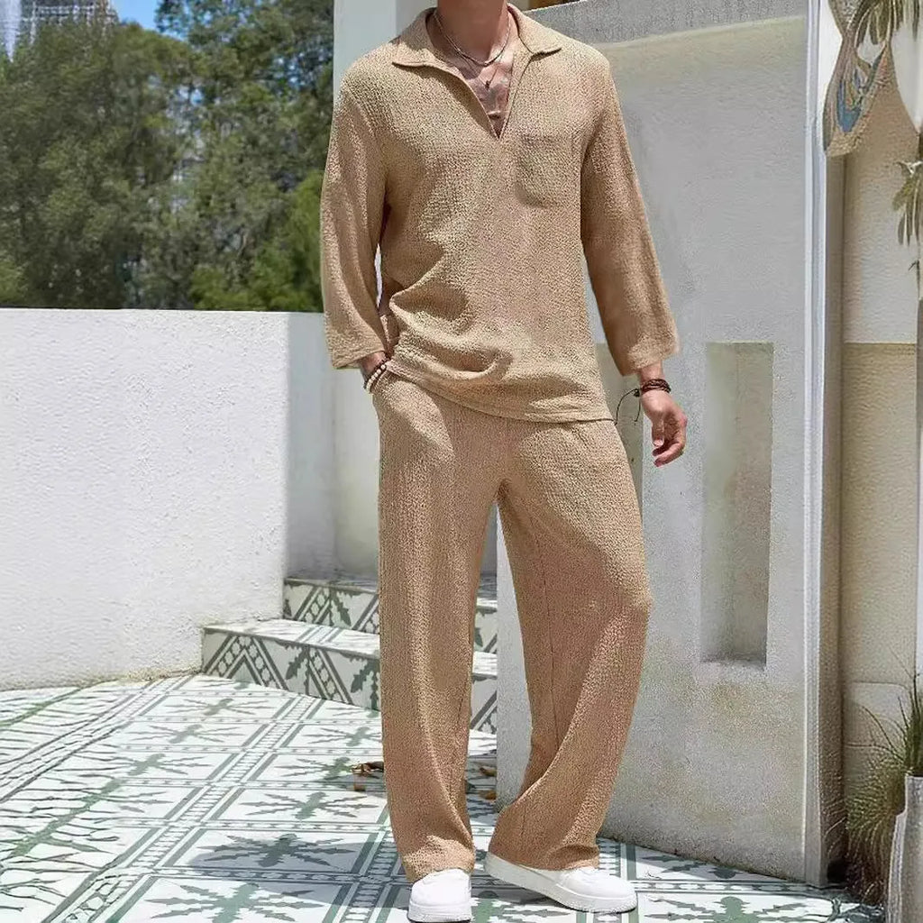 Man wearing a casual lake blue shirt jacket and trousers suit set for autumn leisure