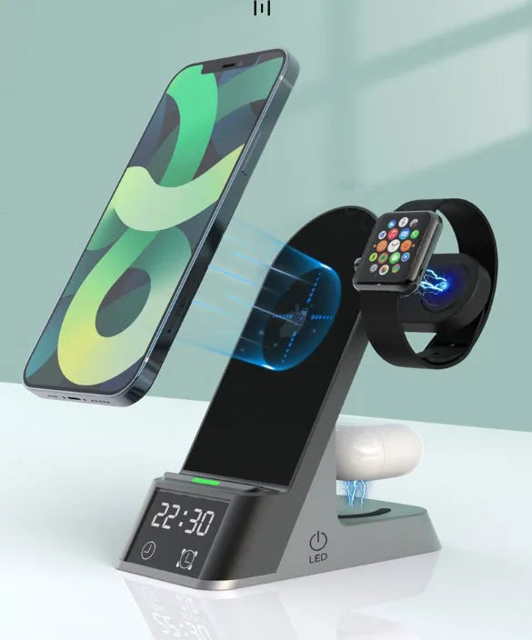 Black multifunctional alarm clock with integrated wireless charging pad and USB ports