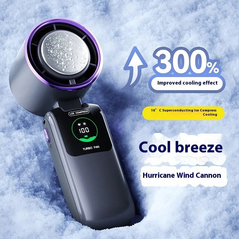 Handheld electric fan with folding design in blue colour showing USB charging port and speed adjustment buttons