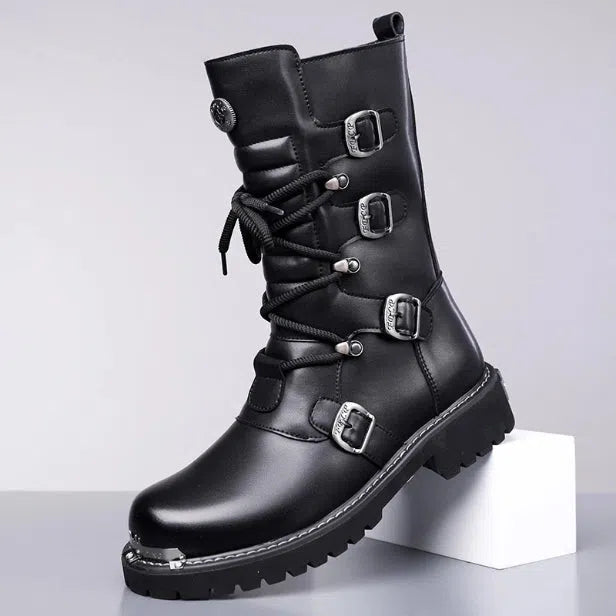 Men's black vintage high-top riding boots with side zipper, round toe, and suede finish over rubber sole