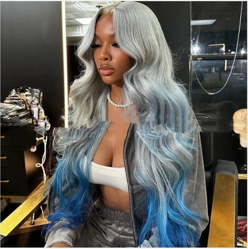Grey blue gradient human hair lace front wig with natural hairline