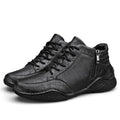Martin boots in black genuine cowhide leather with fleece lining, mid heel, round toe, and rubber sole