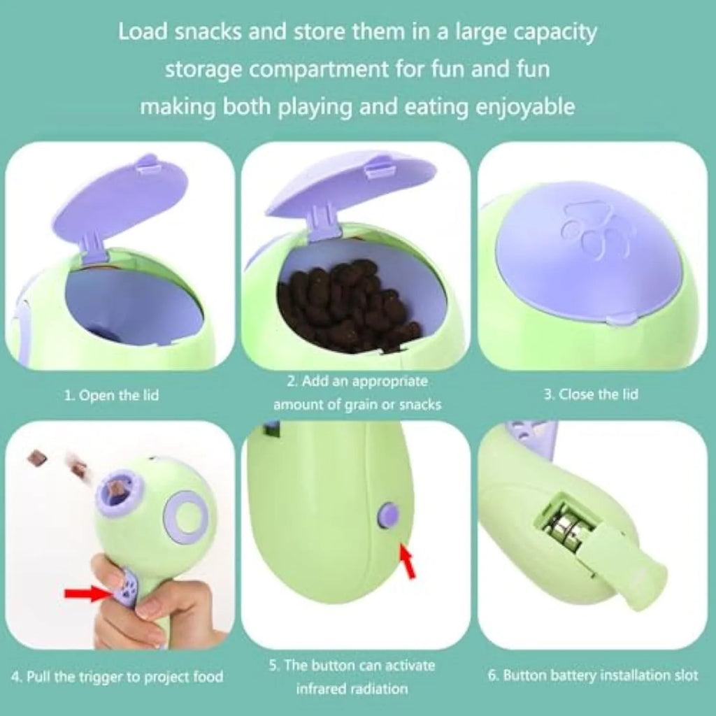 Green, orange, and pink manual dog treat launcher toy for interactive play and slow feeding.