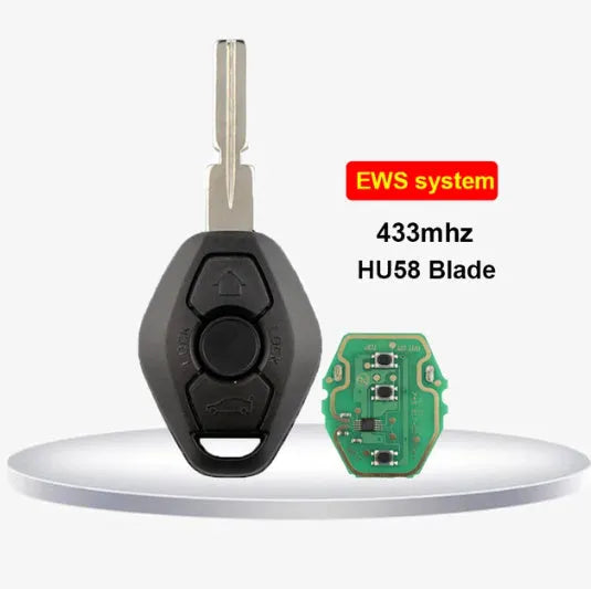 BMW EWS 3 remote replacement key with three buttons, ID44 chip, and HU58 blade cut