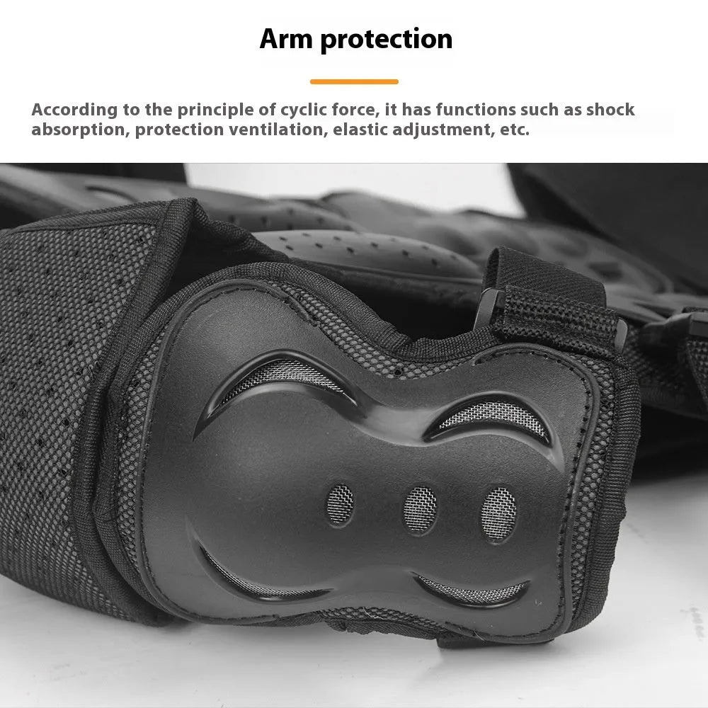 Children's five-piece motorcycle armour protective gear set in black for outdoor cycling and running sports