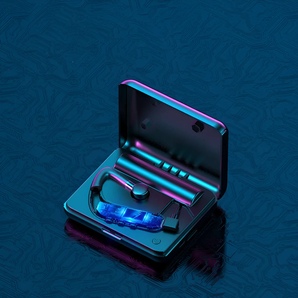 Black Bluetooth earphones with hanging ear design and a selection of silicone ear tips.