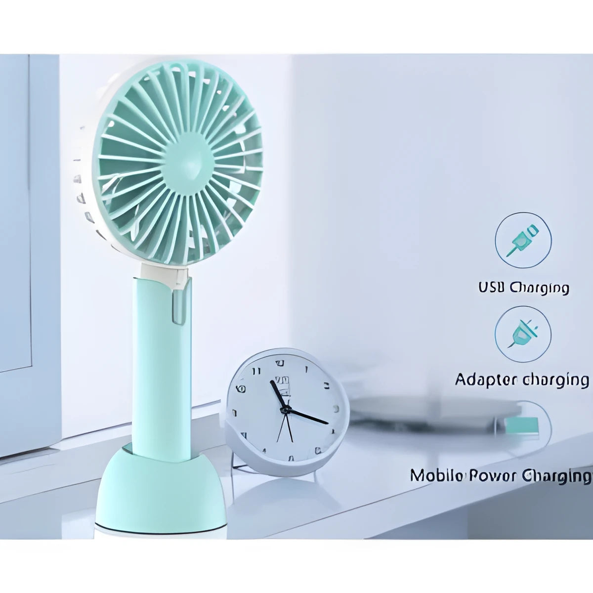 Blue handheld portable mini fan with USB cable, three-speed buttons, and shaking head design on desktop