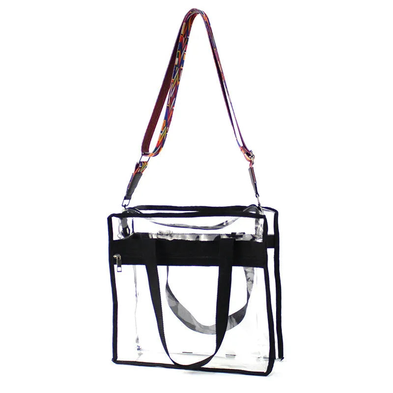 Women's transparent PVC crossbody messenger bag with a black side net pocket, shown in a horizontal square shape.