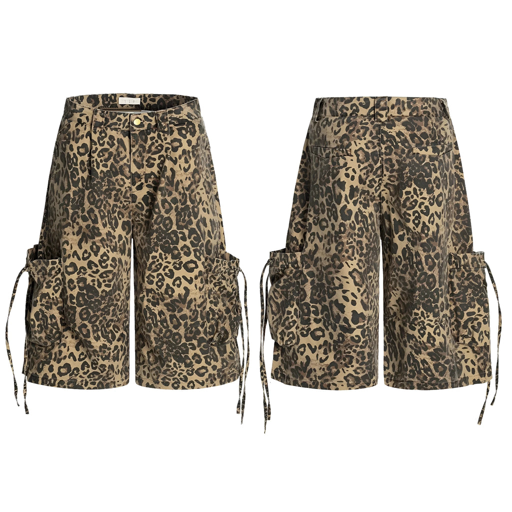 Women's high-waisted leopard print cropped trousers with a loose straight leg and button fly.