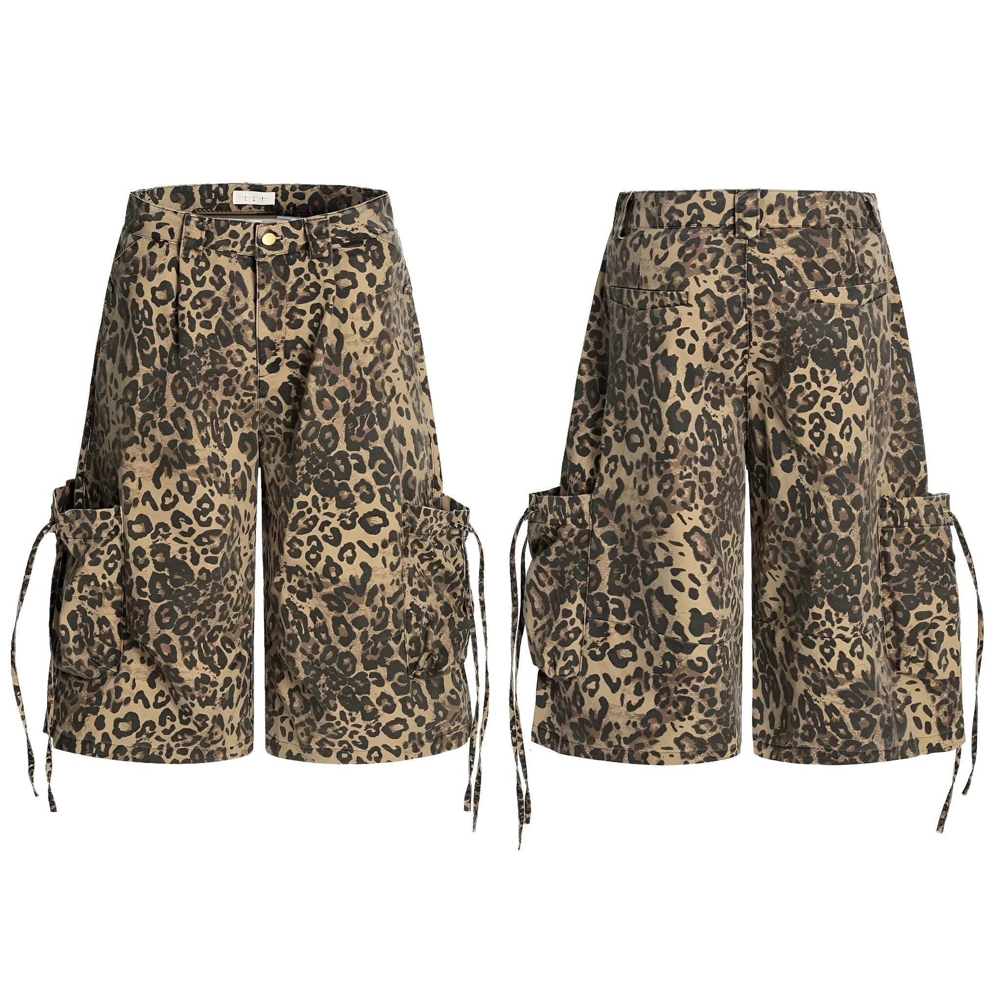 Women's high-waisted leopard print cropped trousers with a loose straight leg and button fly.