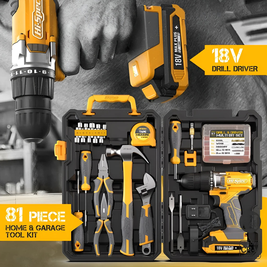 Grey yellow US style tool kit case open to show 82 chrome-vanadium steel tools for furniture installation.