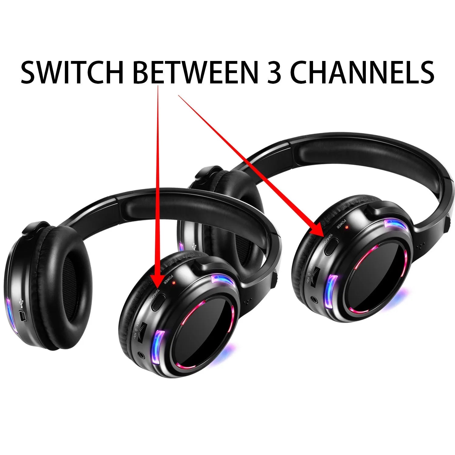 Black over-ear silent disco wireless headphones with 40mm drivers and a 3.5mm cable