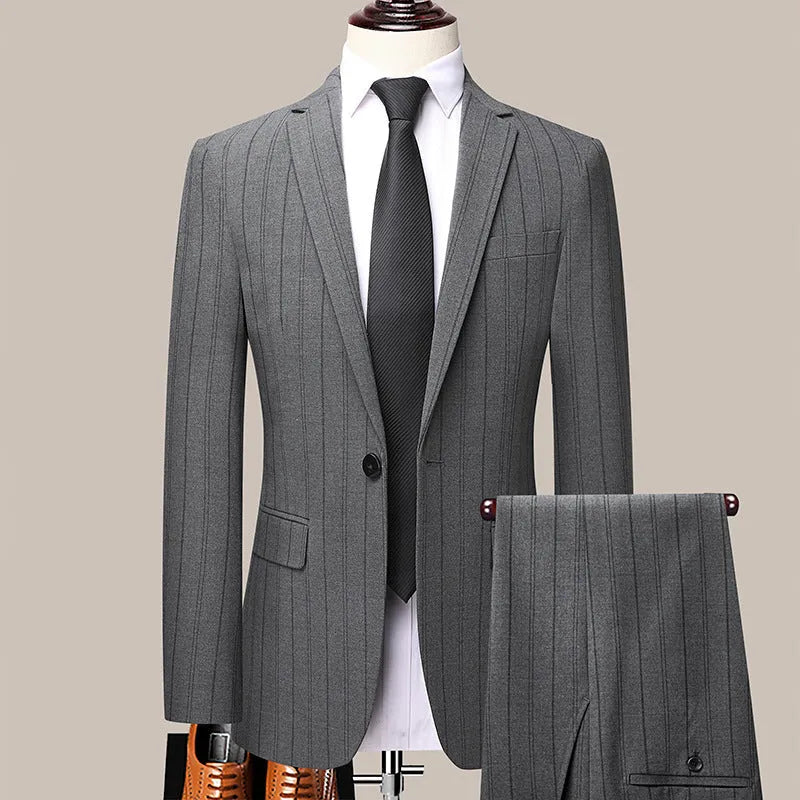 Grey slim-fit men's striped suit set with coat, vest, and trousers on hanger