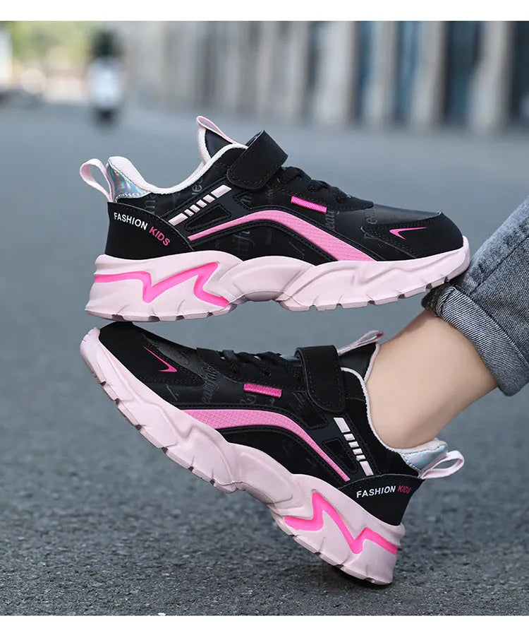 Waterproof leather girls casual sneaker with Velcro fastening, pink upper, and non-slip MD sole
