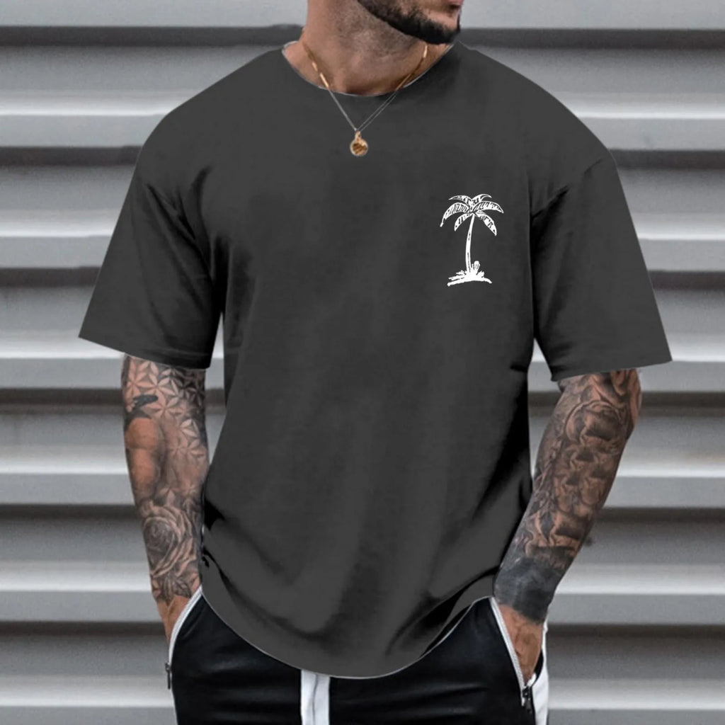 Men's round neck printed short sleeve t-shirt in loose fit polyester fibre, front view