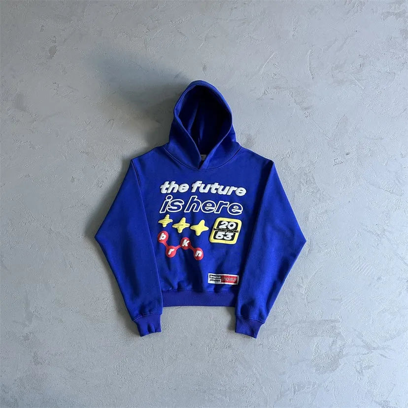 Blue creative pattern pullover hoodie for men with hooded collar
