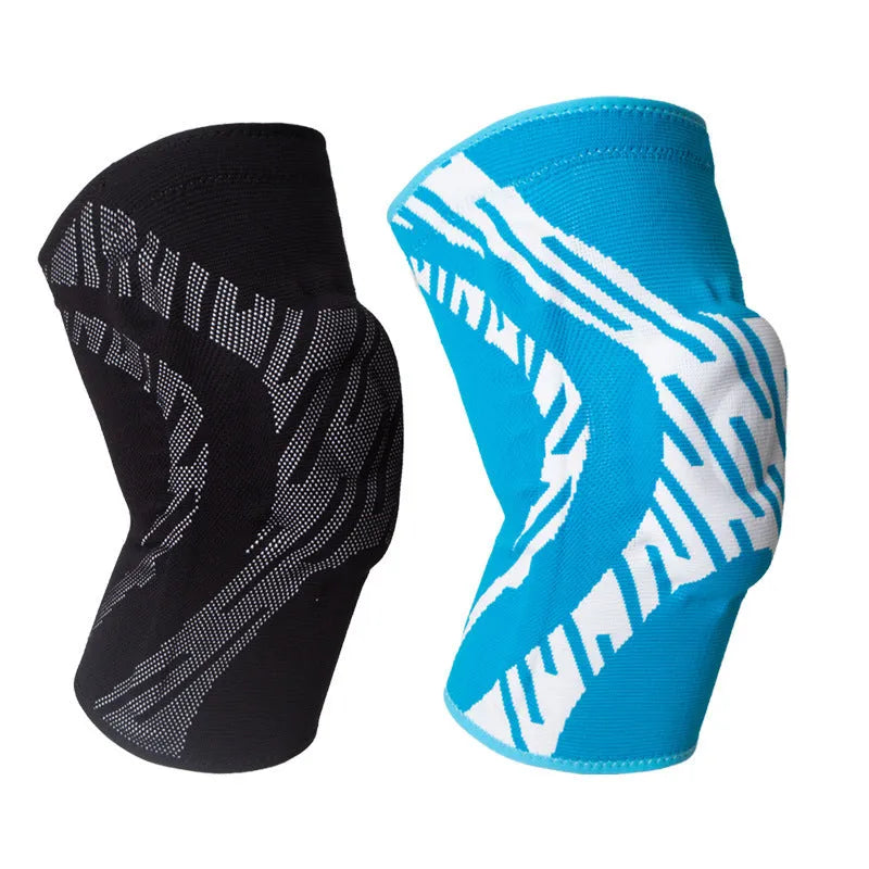 Black and blue pressurised basketball knee pads for men with adjustable nylon sleeves