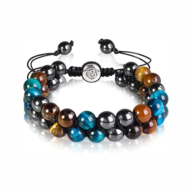 Men's black and gold tiger eye stone woven bracelet with magnetic clasp showing geometric pattern