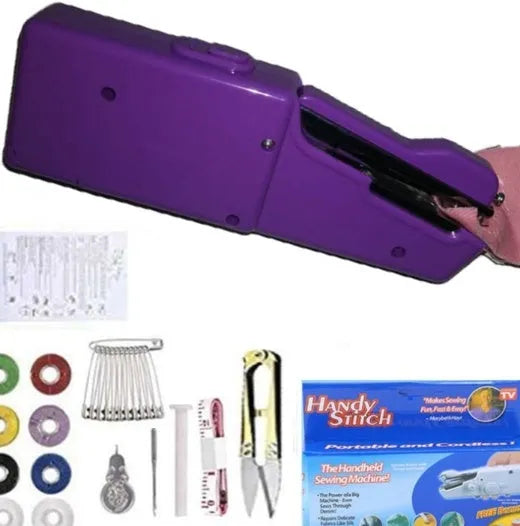 Handheld mini sewing machine set with thread spools, scissors, ruler, and clips in multiple colours