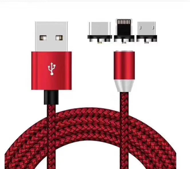 Black magnetic charging cable with three connector types for Android, Type C, and Apple devices