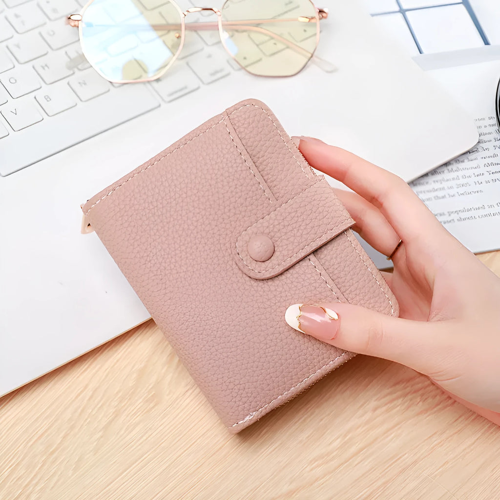 Ladies' short wallet with lychee pattern in pu leather, showing 2-fold compact design