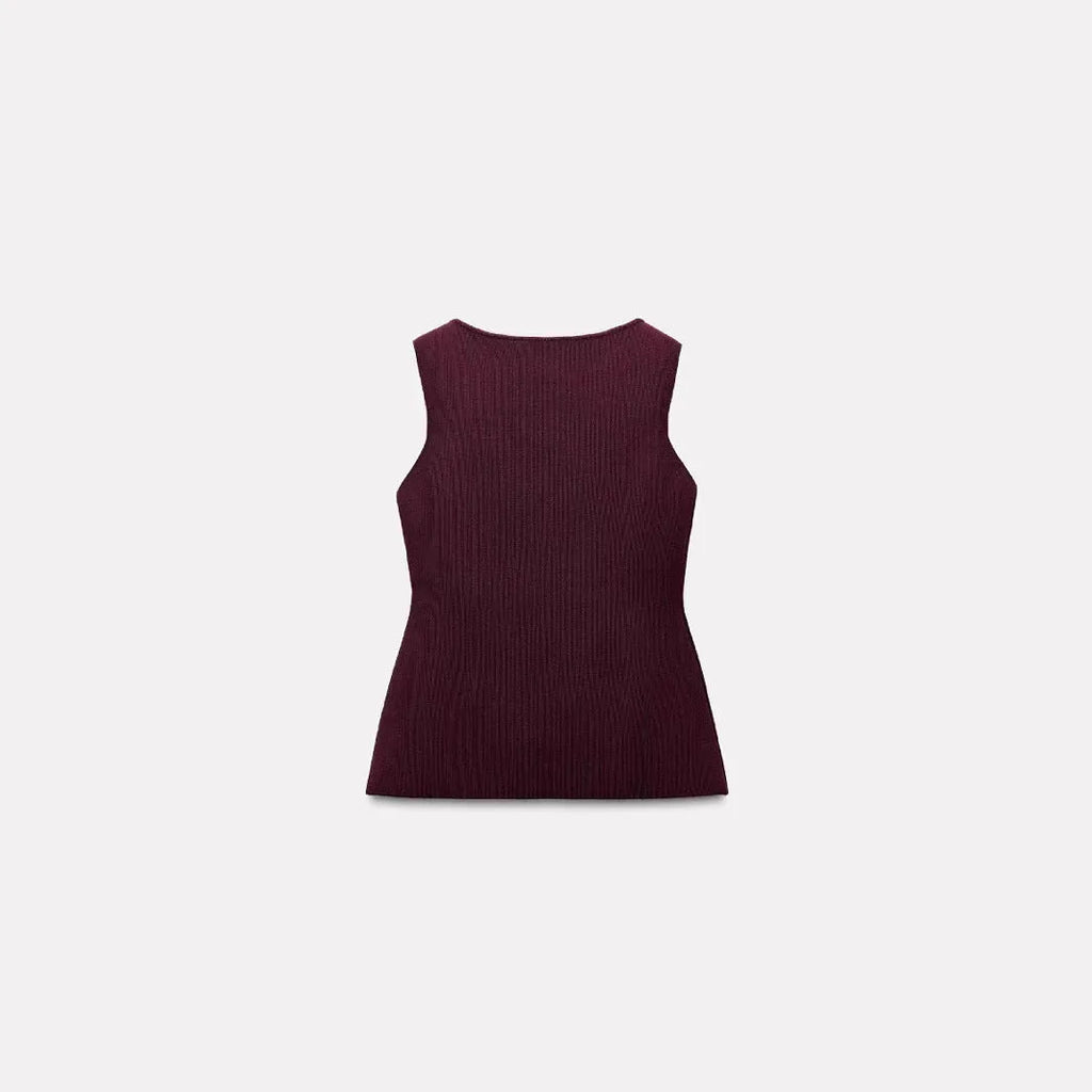 Dark red women's sweater vest with gold buttons and 3D patterns, V-neck slim fit design