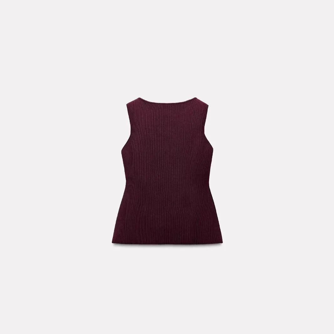 Dark red women's sweater vest with gold buttons and 3D patterns, V-neck slim fit design