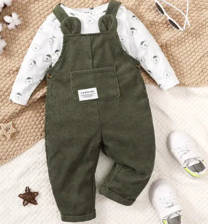 Green bear printed long sleeve round neck romper with corduroy suspender trousers baby suit on white background